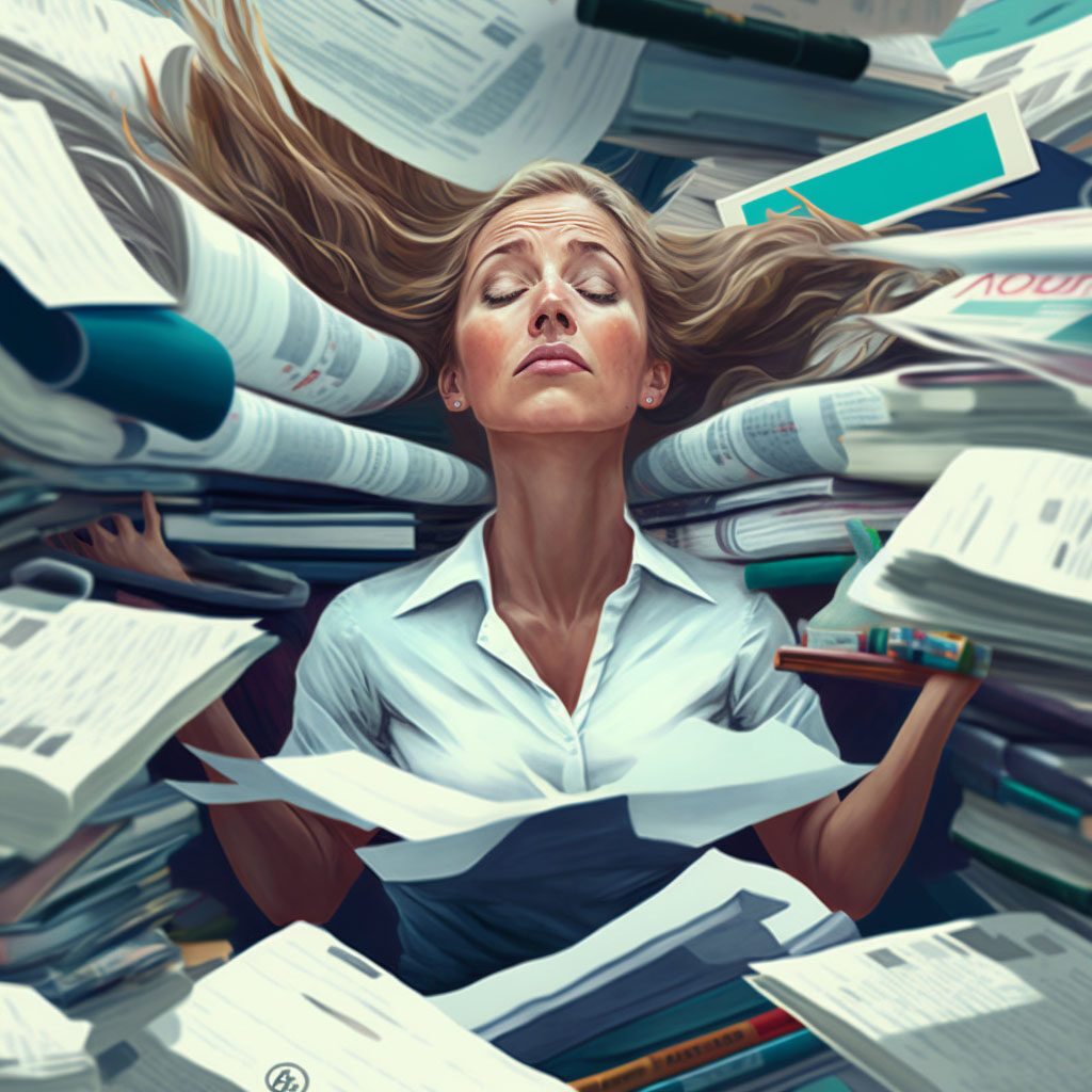 Remote project management image of a woman staying calm in a sea of work