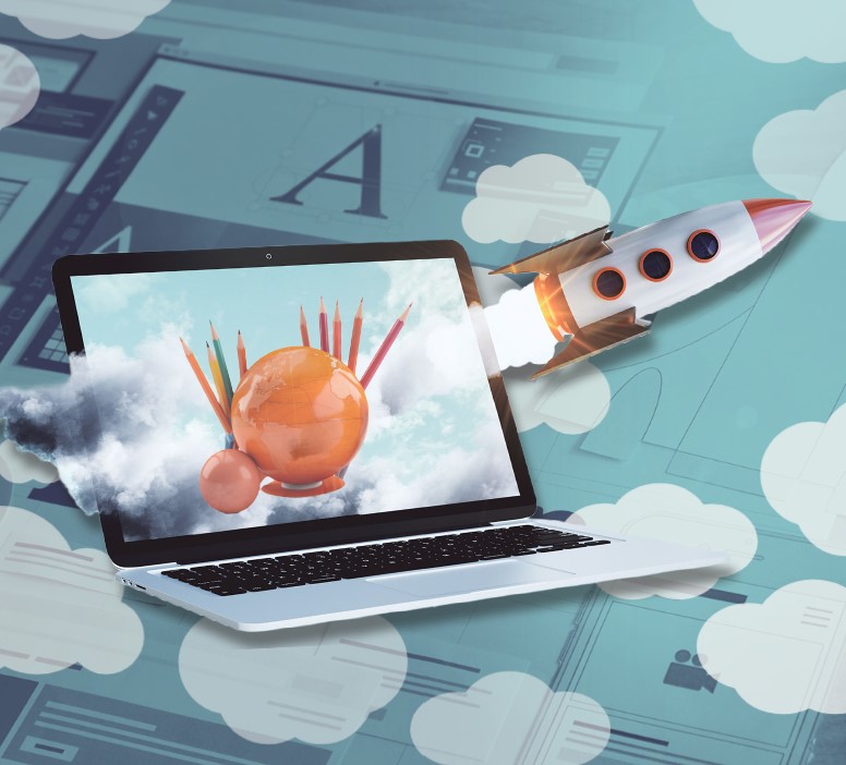 Image of a laptop with design and a spaceship to promote remote creative design services