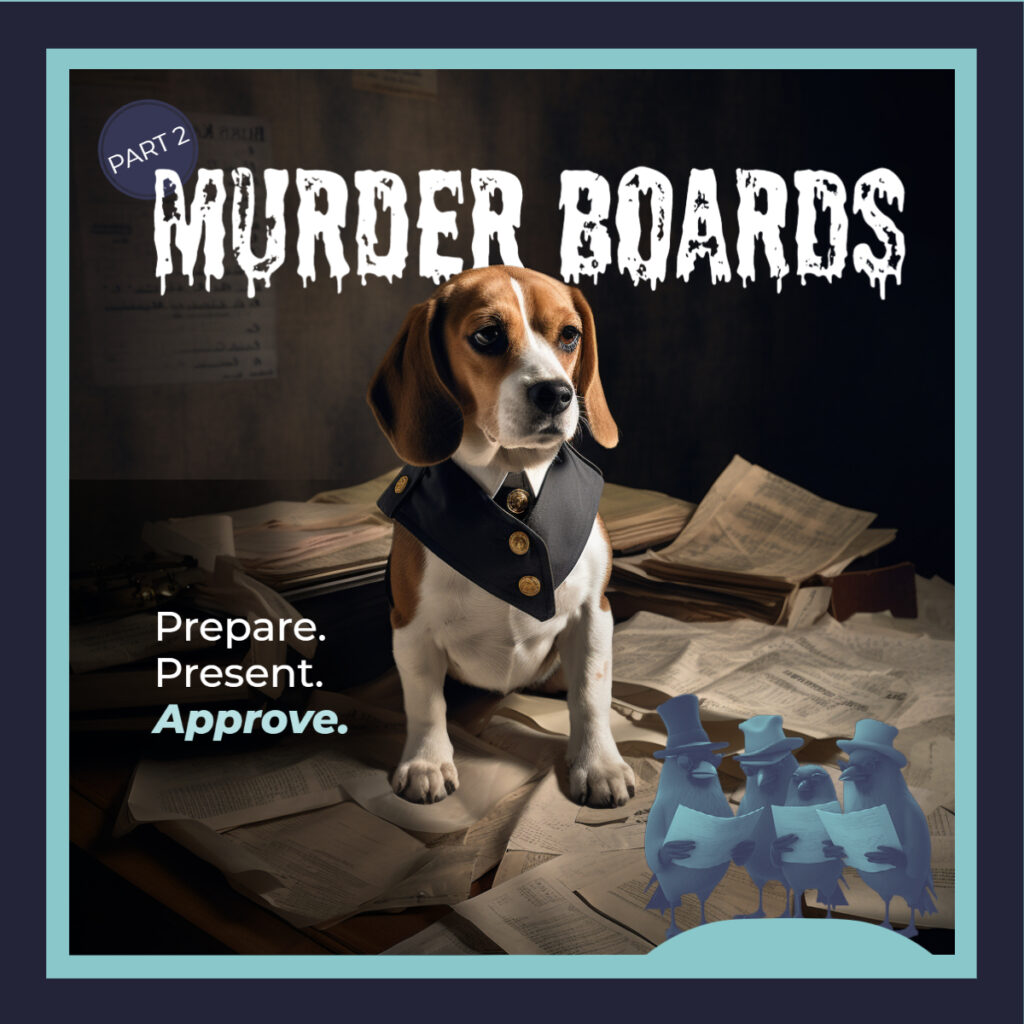 A beagle surrounded by paperwork and learning how to prepare for a murder board review