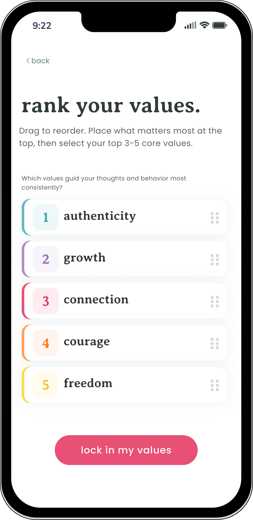 NIDL daily intention and values identification screen on a phone