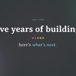AROO Consulting five year anniversary graphic featuring the text 'five years of building. here's what's next.' on a dark background with gemstone color accents